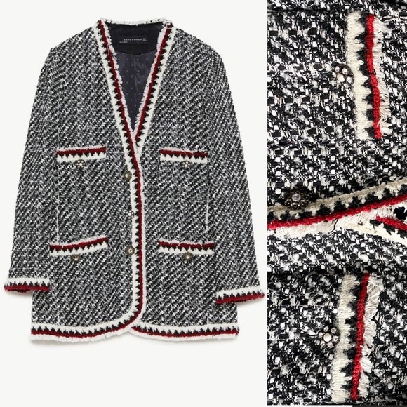 Zara Tweed Boucle Black Red White Blazer Jacket Coat Boho Fringe Hippie Blogger - Picture 1 of 13